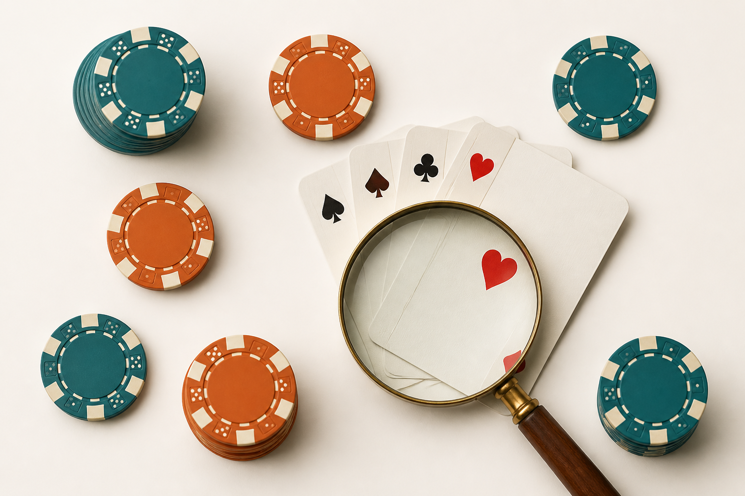 Casino chips and playing cards arranged for close inspection under a magnifying glass