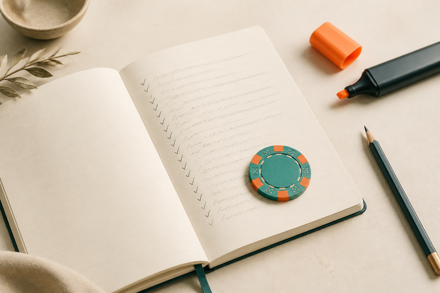 An open notebook with checkmarks, a highlighter and a single casino chip, representing the review process behind each listing