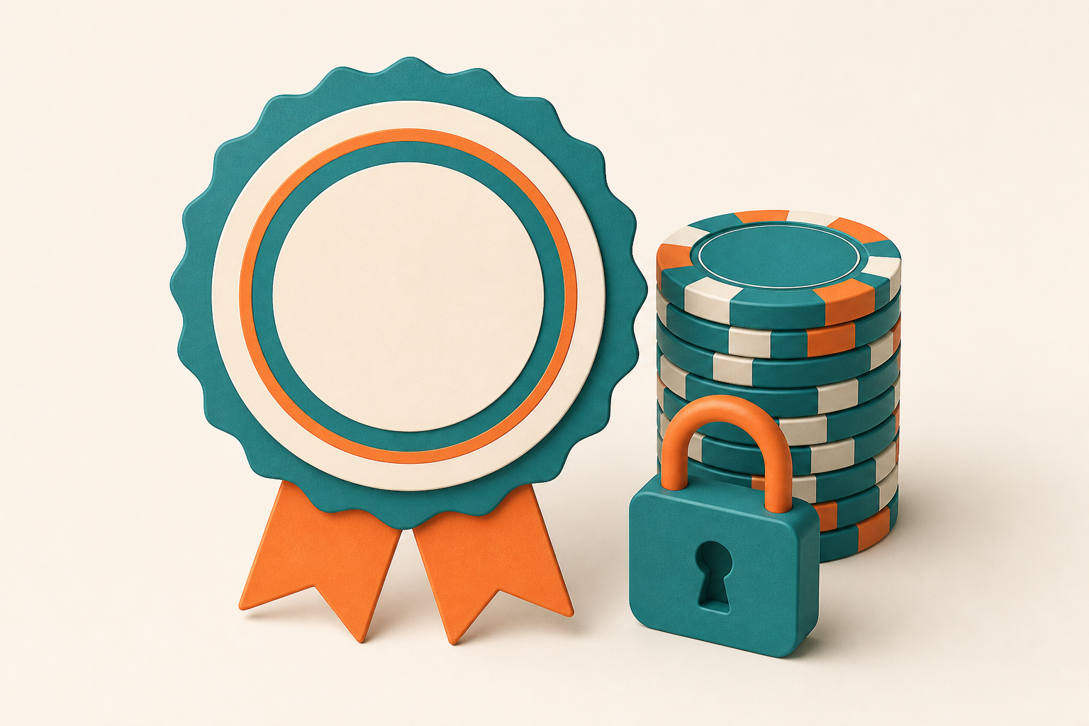 A stylised certification seal beside a stack of casino chips and a padlock, representing licensing and player protection